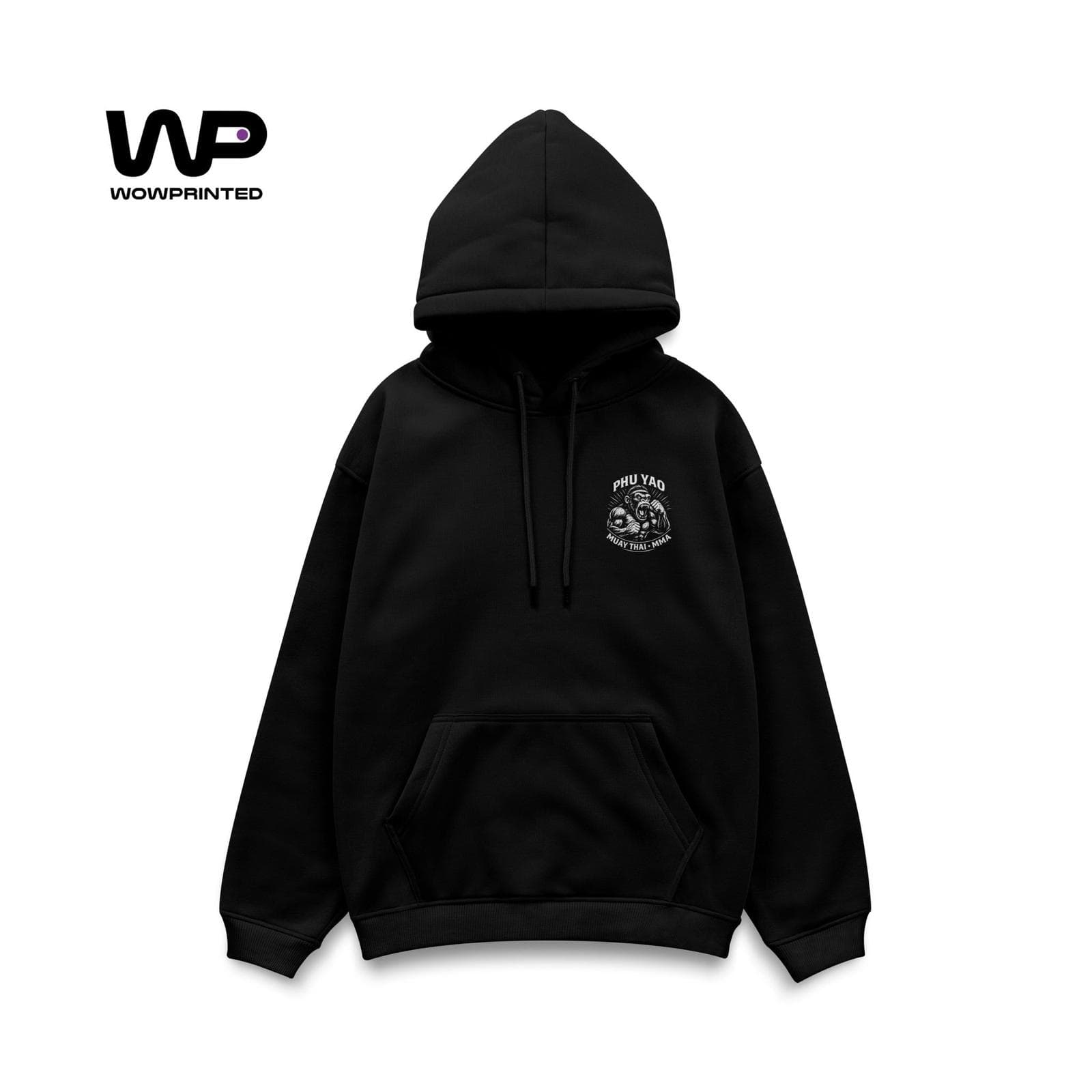 Parte delantera de la sudadera negra Phu Yao con emblema pequeño